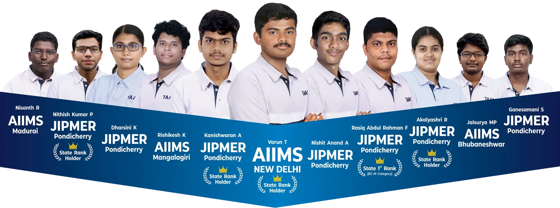 Thirteen TAAC NEET champions placed at AIIMS New Delhi, AIIMS Bhubaneswar, AIIMS Mangalagiri, AIIMS Madurai and JIPMER Pondicherry, standing in a V formation